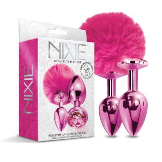 Nixie Metal Butt Plug Set w/Jewel Inlaid & Pom Pom - Pink Metallic