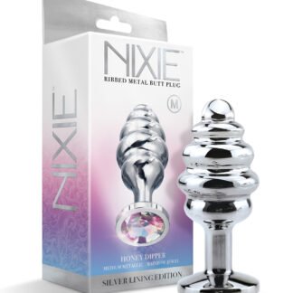 Nixie Honey Dipper Ribbed Metal Rainbow Jeweled Butt Plug - Medium