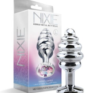 Nixie Honey Dipper Ribbed Metal Rainbow Jeweled Butt Plug - Large